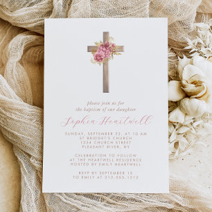 Floral Pink Gold Roses Cross Girl Baptism Invitation