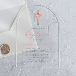 Floral Pink Gold Roses Cross Script Girl Baptism Acrylic Invitations
