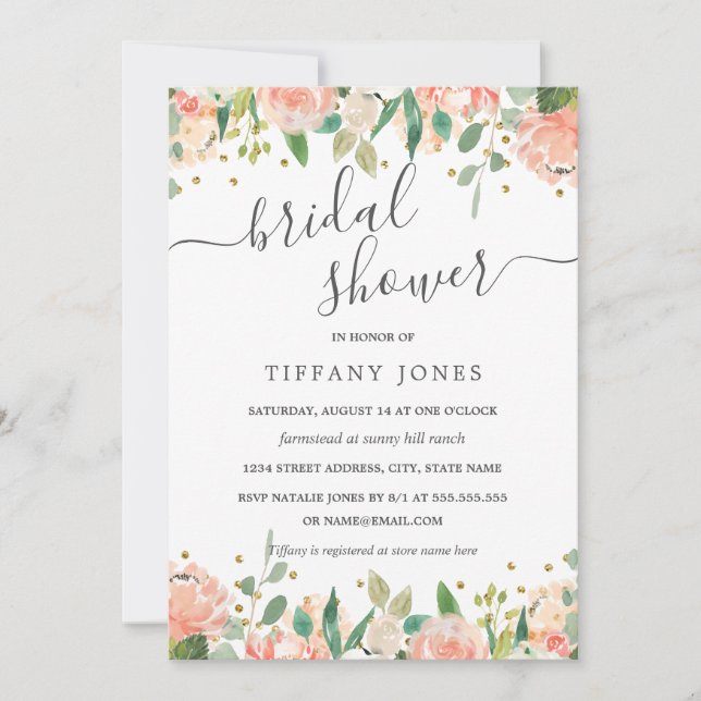 Floral Pink Gold Rustic Bridal Shower Invitation (Front)