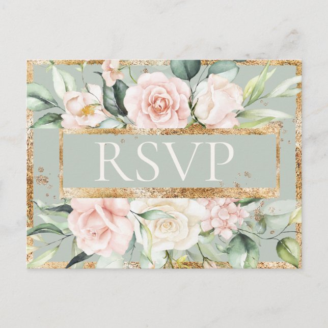 Floral Pink Gold Sage Green Watercolor RSVP Postcard (Front)