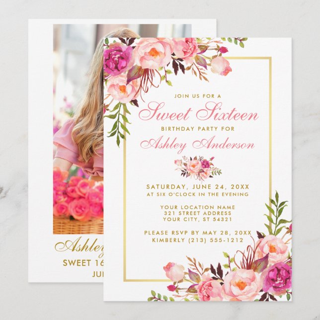 Floral Pink Gold Sweet 16 Birthday Invite - Photo (Front/Back)