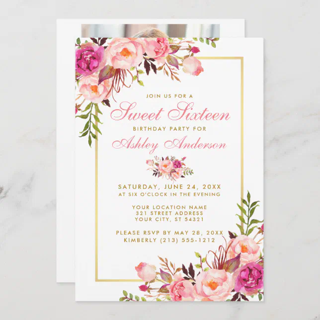 Floral Pink Gold Sweet 16 Birthday Invite - Photo | Zazzle