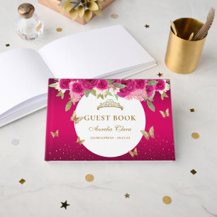 Floral Pink Gold Tiara Butterfly Guest Book