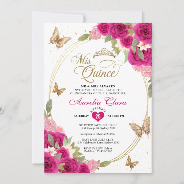 Floral Pink Gold Tiara Butterfly Mis Quinceañera Invitation (Front)