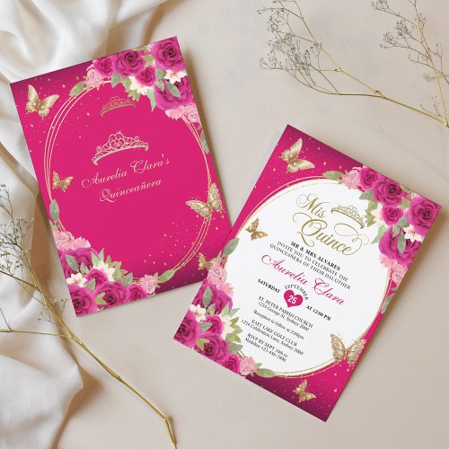 Floral Pink Gold Tiara Butterfly Mis Quinceaera Invitation