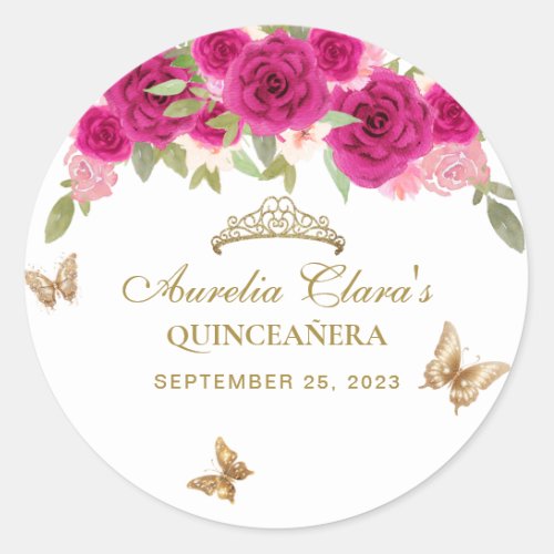 Floral Pink Gold Tiara Butterfly Quinceaera Classic Round Sticker