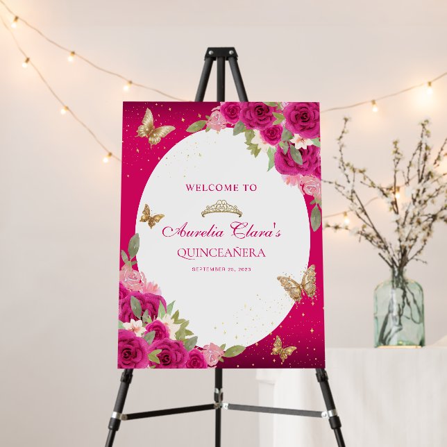 Floral Pink Gold Tiara Butterfly Quinceañera Foam Board (In Situ (Stand))