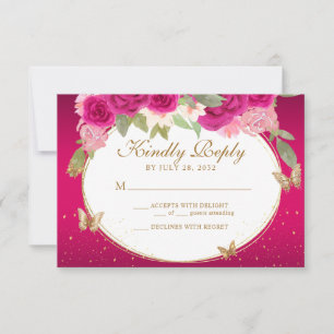 Floral Pink Gold Tiara Butterfly Quinceañera RSVP Card