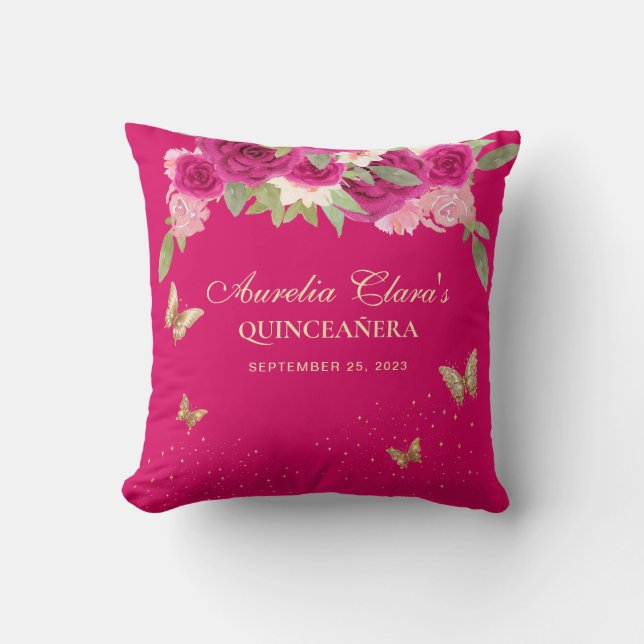 Floral Pink Gold Tiara Butterfly Quinceanera Throw Pillow (Front)