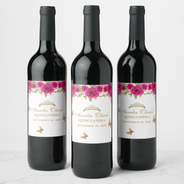Floral Pink Gold Tiara Butterfly Quinceañera Wine Label (Bottles)