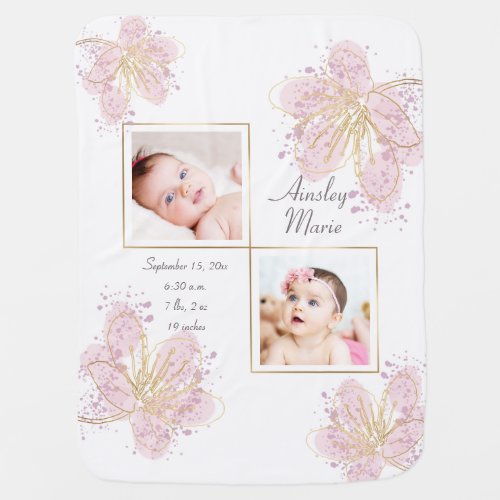 Floral Pink Gold Two Photo Baby Girl Birth Stats Baby Blanket