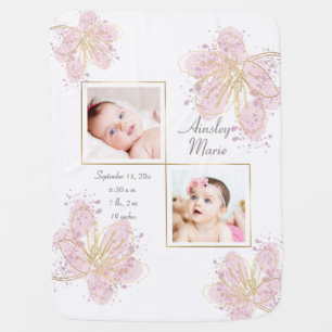 Floral Pink Gold Two Photo Baby Girl Birth Stats Blanket