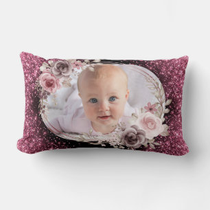 Floral Pink Gold Two Photo Baby Girl cute Lumbar Pillow