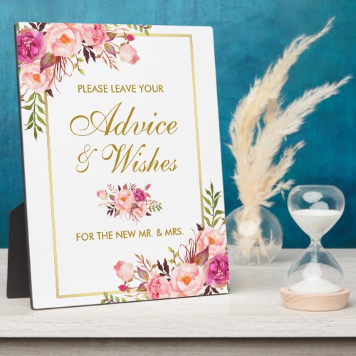 Floral Pink Gold Wedding Advice and Wishes Plaque
