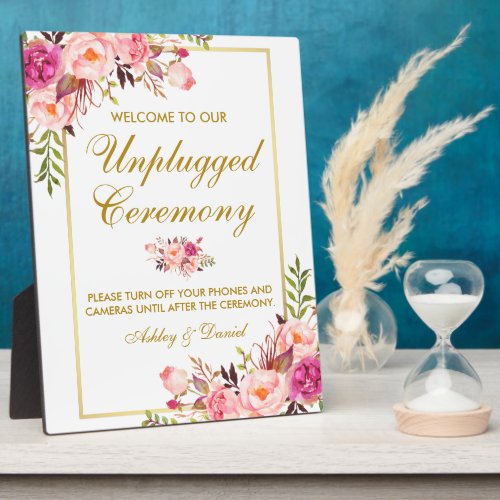 Floral Pink Gold Wedding Ceremony Unplugged Plaque