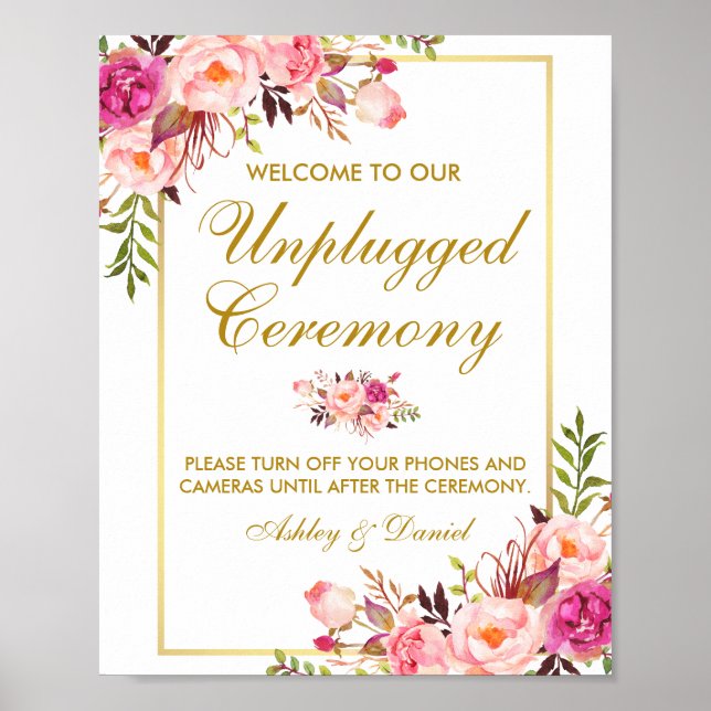Floral Pink Gold Wedding Ceremony Unplugged Poster (Front)