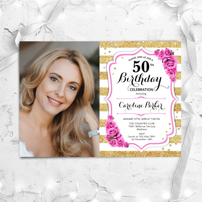 Floral Pink Gold White Photo 50th Birthday Invitation (Creator Uploaded)