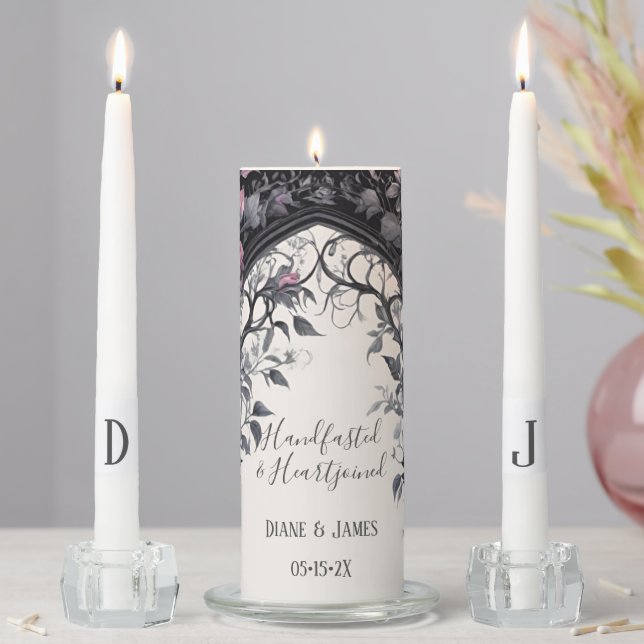 Floral Pink Gothic Garden Gate Pagan Handfasting Unity Candle Set (In Situ)