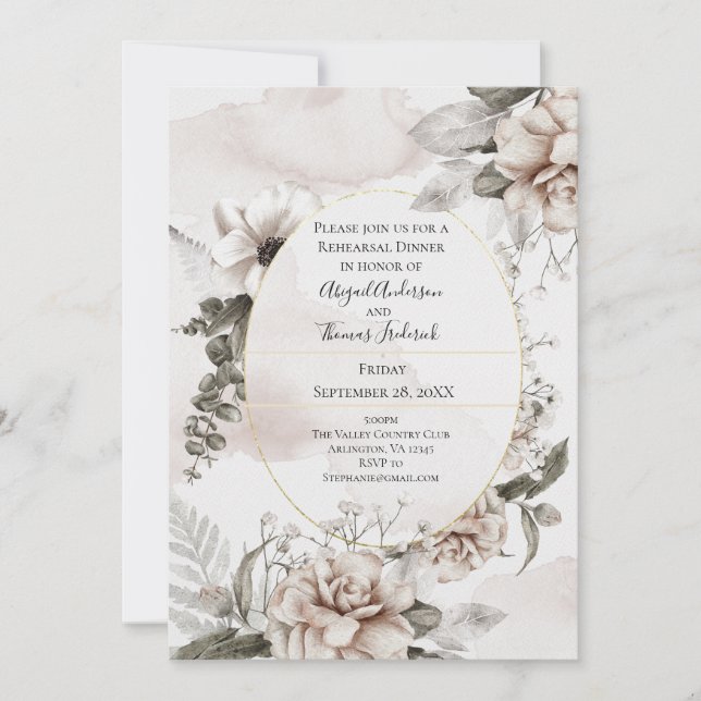 Floral Pink Gray Botanical Elegant Rehearsal Dinne Invitation (Front)