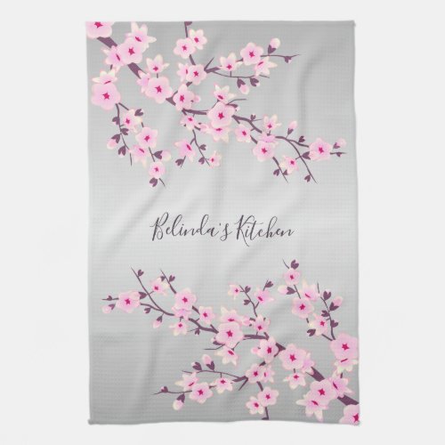 Floral Pink  Gray Cherry Blossoms Personalize Kitchen Towel