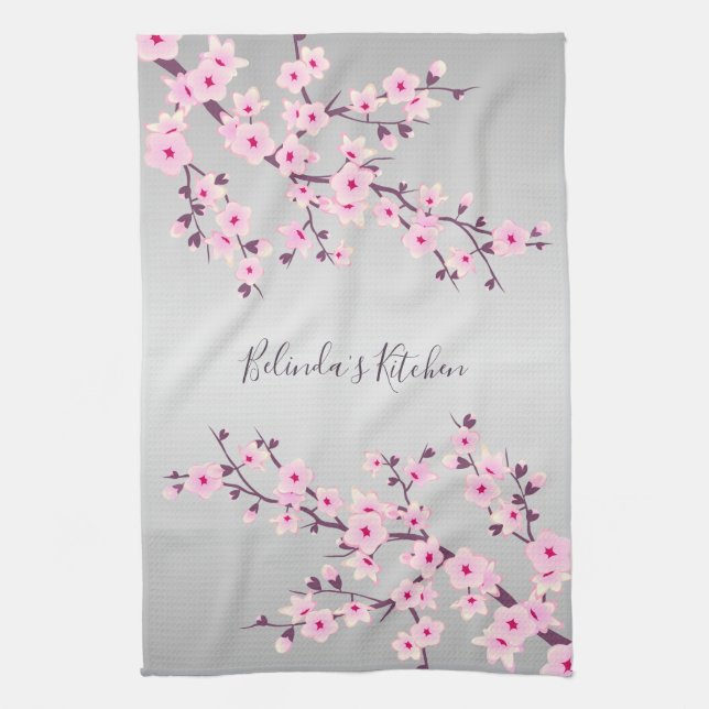 Floral Pink  Gray Cherry Blossoms Personalize Kitchen Towel (Vertical)