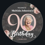 Floral Pink Gray Custom Photo 90th Birthday  Classic Round Sticker<br><div class="desc">Floral Pink Gray Custom Photo 90th Birthday Classic Round Sticker. A beautiful and elegant floral design birthday invitation, that features lovely and lush soft pink flowers. This design lets you add a photo of the birthday person and all details is fully customizable. Need help with this template? Contact the designer/creator...</div>