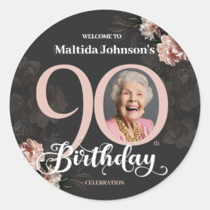 Floral Pink Gray Custom Photo 90th Birthday Classic Round Sticker