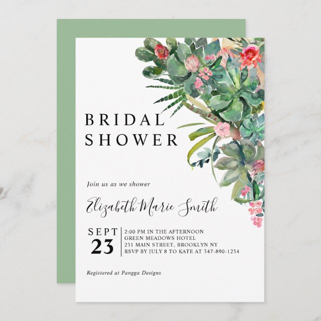 Floral Pink Green Cactus Succulent Bridal Shower Invitation (Front/Back)