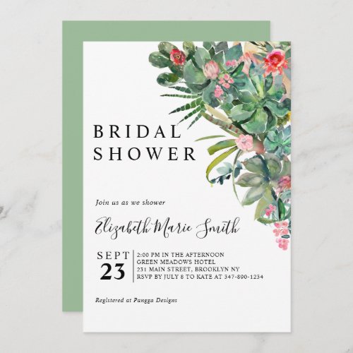 Floral Pink Green Cactus Succulent Bridal Shower Invitation