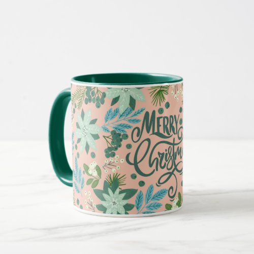 Floral pink green Christmas lettering Mug