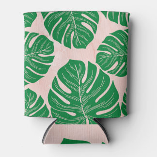 Floral Pink Green Leaves Background. Can Cooler