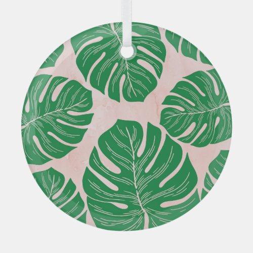Floral Pink Green Leaves Background Glass Ornament