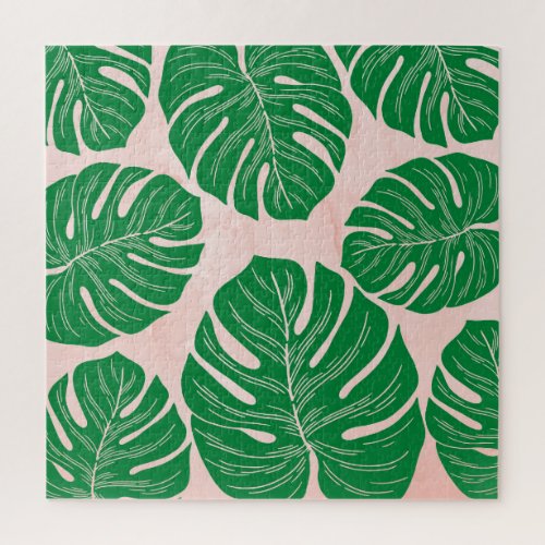 Floral Pink Green Leaves Background Jigsaw Puzzle