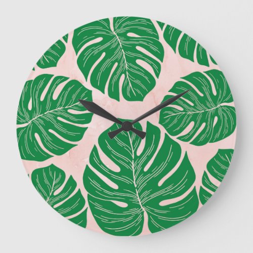 Floral Pink Green Leaves Background Large Clock