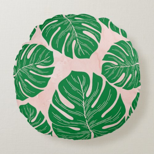 Floral Pink Green Leaves Background Round Pillow