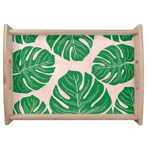 Floral Pink Green Leaves Background Serving Tray