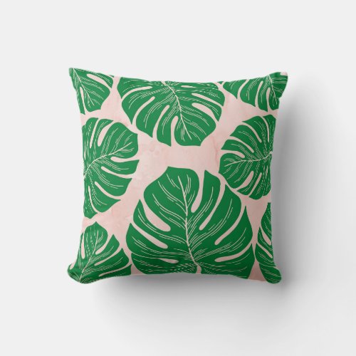 Floral Pink Green Leaves Background Throw Pillow