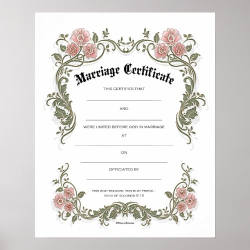 Floral Pink Green Marriage Wedding Certificate Poster