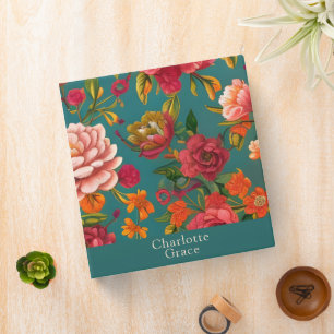 Floral pink green orange and teal personalized 3 ring binder