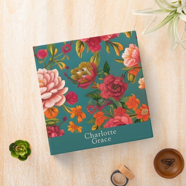 Floral pink green orange and teal personalized 3 ring binder (In Situ)