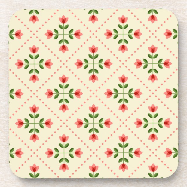 Floral Pink & Green Quilt Folk Art Pattern Beverage Coaster (Front)