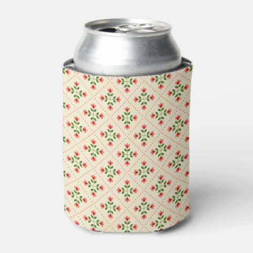 Floral Pink  Green Quilt Folk Art Pattern Can Cooler