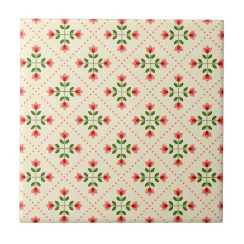 Floral Pink  Green Quilt Folk Art Pattern Ceramic Tile