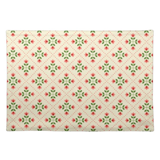 Floral Pink & Green Quilt Folk Art Pattern Cloth Placemat (Front)