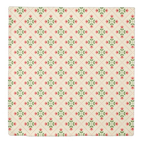 Floral Pink  Green Quilt Folk Art Pattern Duvet Cover