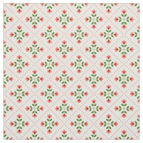 Floral Pink  Green Quilt Folk Art Pattern Fabric