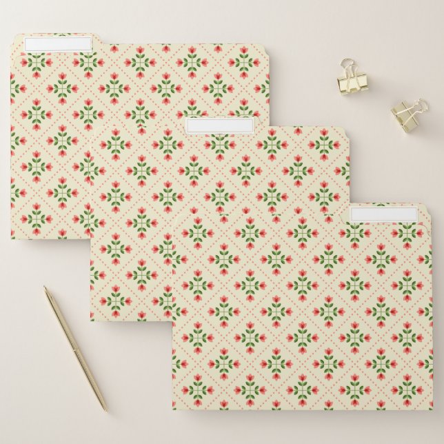 Floral Pink & Green Quilt Folk Art Pattern File Folder (Set)