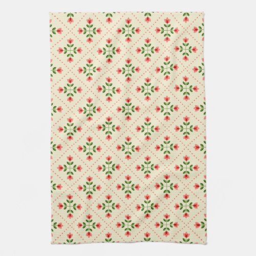 Floral Pink  Green Quilt Folk Art Pattern Kitchen Towel