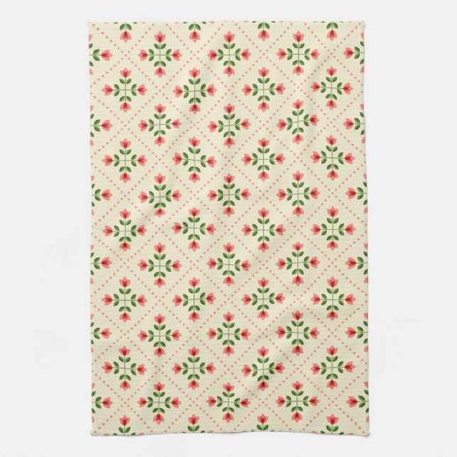 Floral Pink & Green Quilt Folk Art Pattern Kitchen Towel (Vertical)