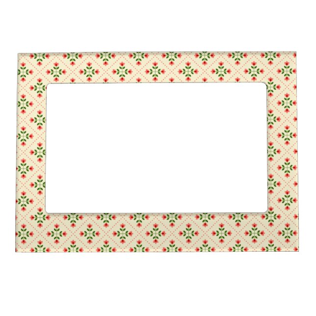 Floral Pink & Green Quilt Folk Art Pattern Magnetic Frame (Front)